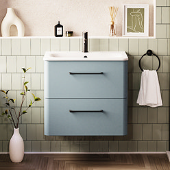 Crosswater Malu 600mm Wall Hung Dusty Blue Vanity Unit & Basin with Matt Black Handles