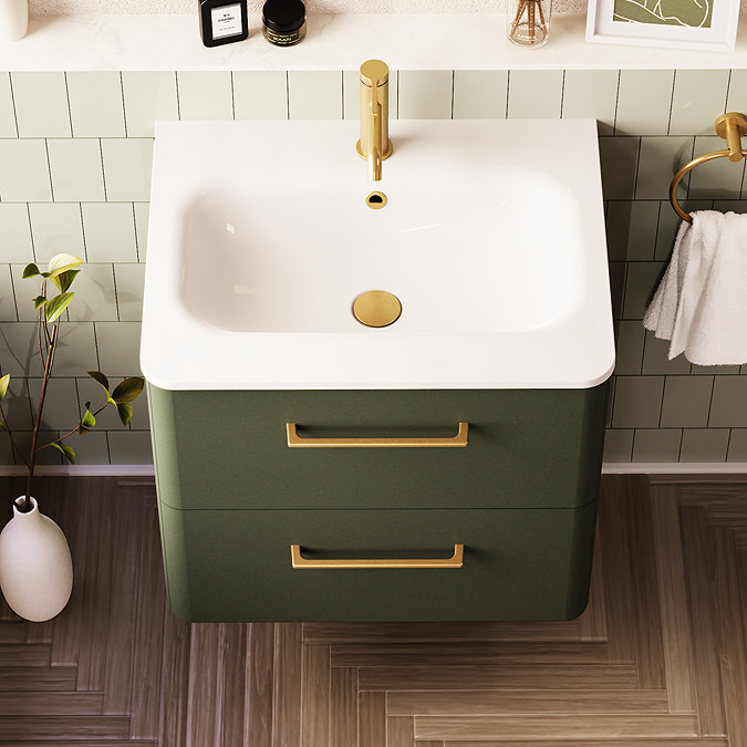 Crosswater Malu 600mm Wall Hung Earthy Green Vanity Unit & Basin with Brushed Brass Handles