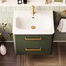 Crosswater Malu 600mm Wall Hung Earthy Green Vanity Unit & Basin with Brushed Brass Handles