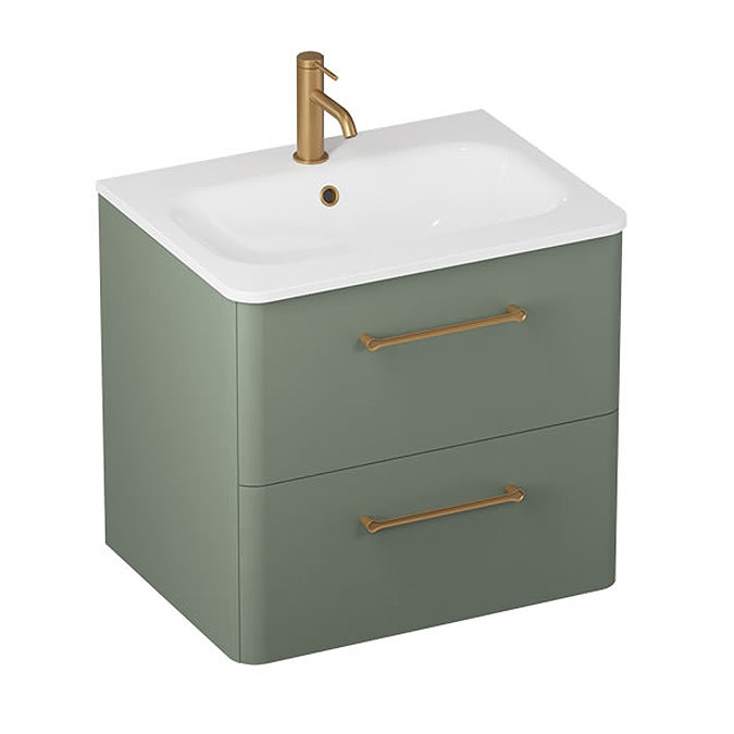 Crosswater Malu 600mm Wall Hung Earthy Green Vanity Unit & Basin with Brushed Brass Handles