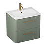 Crosswater Malu 600mm Wall Hung Earthy Green Vanity Unit & Basin with Brushed Brass Handles