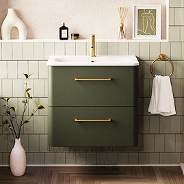 Crosswater Malu 600mm Wall Hung Earthy Green Vanity Unit & Basin with Brushed Brass Handles