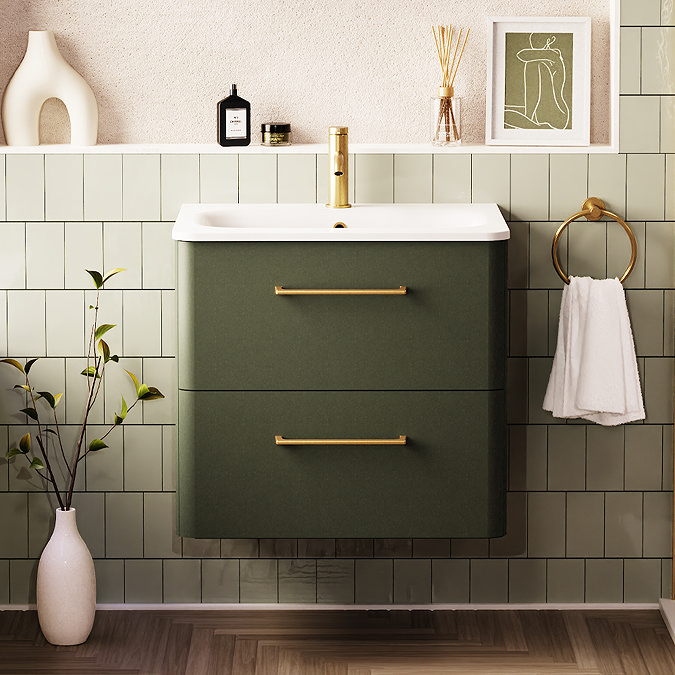 Crosswater Malu 600mm Wall Hung Earthy Green Vanity Unit & Basin with Brushed Brass Handles