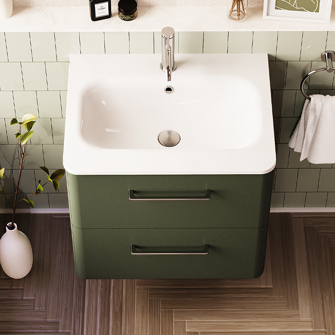 Crosswater Malu 600mm Wall Hung Earthy Green Vanity Unit & Basin with Chrome Handles
