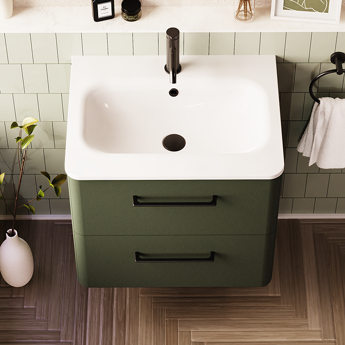 Crosswater Malu 600mm Wall Hung Earthy Green Vanity Unit & Basin with Matt Black Handles