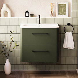 Crosswater Malu 600mm Wall Hung Earthy Green Vanity Unit & Basin with Matt Black Handles