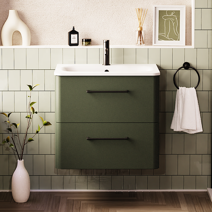 Crosswater Malu 600mm Wall Hung Earthy Green Vanity Unit & Basin with Matt Black Handles