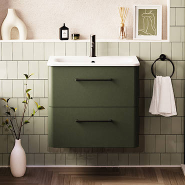 Crosswater Malu 600mm Wall Hung Earthy Green Vanity Unit & Basin with Matt Black Handles