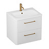 Crosswater Malu 600mm Frosted White Wall Hung Vanity Unit & Basin with Brushed Brass Handles