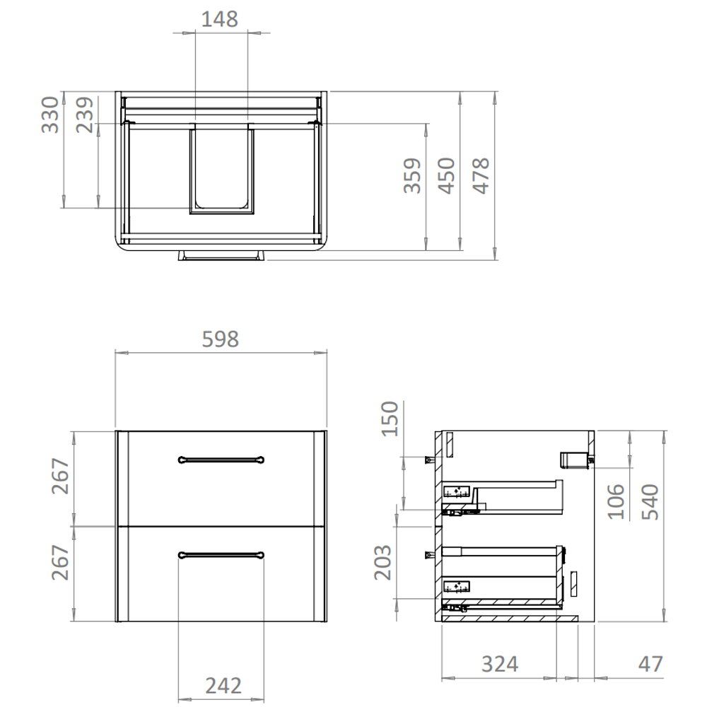 Crosswater Malu 600mm Wall Hung Frosted White Vanity Unit & Basin with Brushed Brass Handles