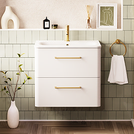 Crosswater Malu 600mm Wall Hung Frosted White Vanity Unit & Basin with Brushed Brass Handles