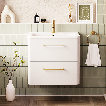 Crosswater Malu 600mm Wall Hung Frosted White Vanity Unit & Basin with Brushed Brass Handles