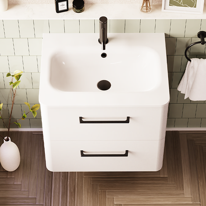 Crosswater Malu 600mm Wall Hung Frosted White Vanity Unit & Basin with Matt Black Handles