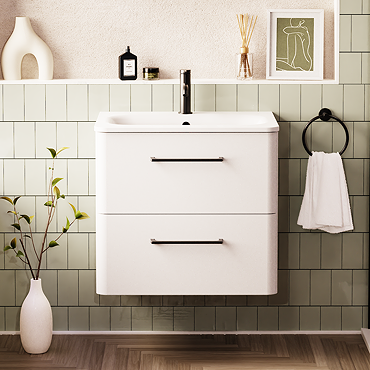 Crosswater Malu 600mm Wall Hung Frosted White Vanity Unit & Basin with Matt Black Handles