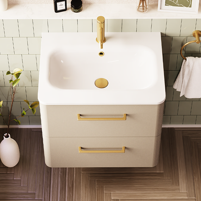 Crosswater Malu 600mm Wall Hung Warm Beige Vanity Unit & Basin with Brushed Brass Handles