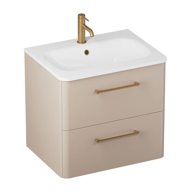 Crosswater Malu 600mm Wall Hung Warm Beige Vanity Unit & Basin with Brushed Brass Handles