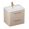 Crosswater Malu 600mm Wall Hung Warm Beige Vanity Unit & Basin with Brushed Brass Handles