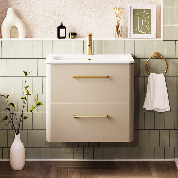 Crosswater Malu 600mm Wall Hung Warm Beige Vanity Unit & Basin with Brushed Brass Handles