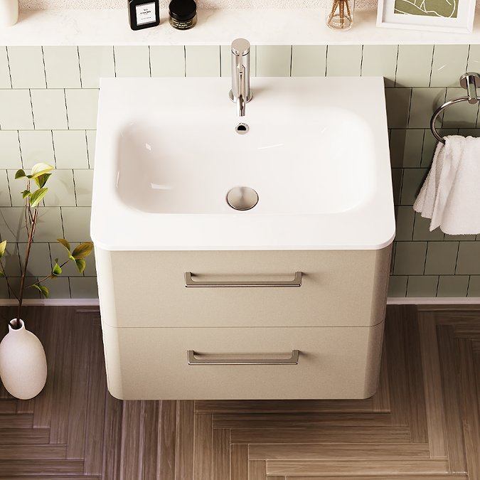 Crosswater Malu 600mm Wall Hung Warm Beige Vanity Unit & Basin with Chrome Handles
