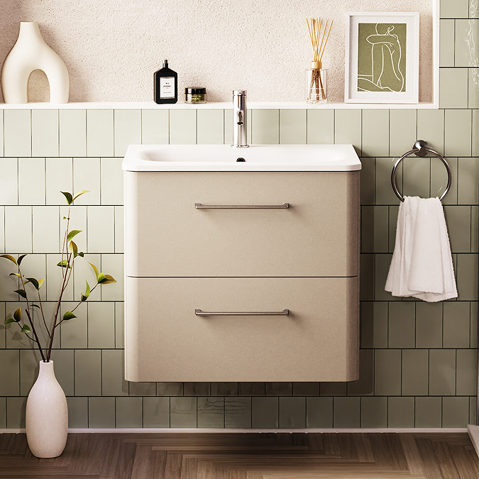 Crosswater Malu 600mm Wall Hung Warm Beige Vanity Unit & Basin with Chrome Handles