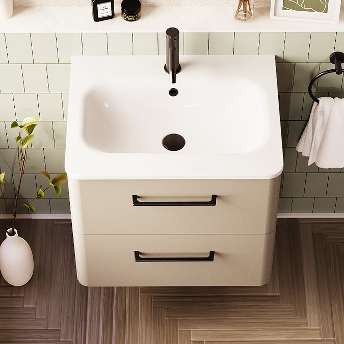 Crosswater Malu 600mm Wall Hung Warm Beige Vanity Unit & Basin with Matt Black Handles