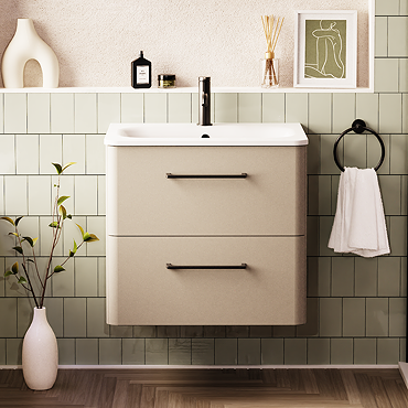 Crosswater Malu 600mm Wall Hung Warm Beige Vanity Unit & Basin with Matt Black Handles