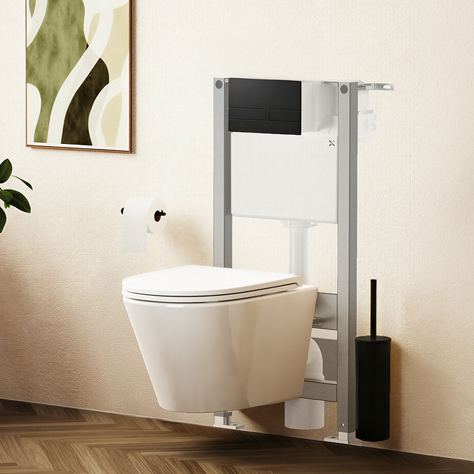 Crosswater Malu Round 0.98m Wall Hung Toilet Set - Matt Black Flush Plate