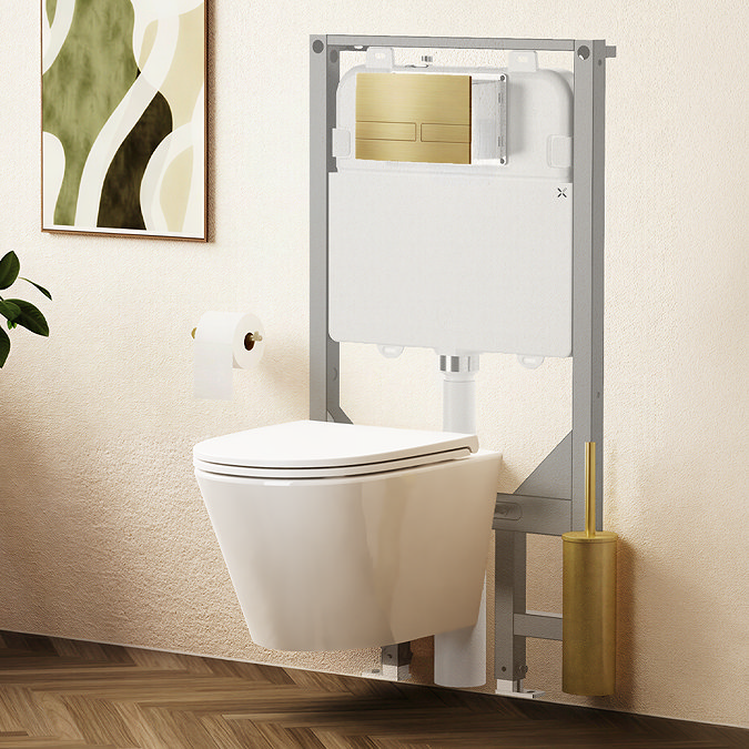 Crosswater Malu Round 1.12m Wall Hung Toilet Set - Brushed Brass Flush Plate