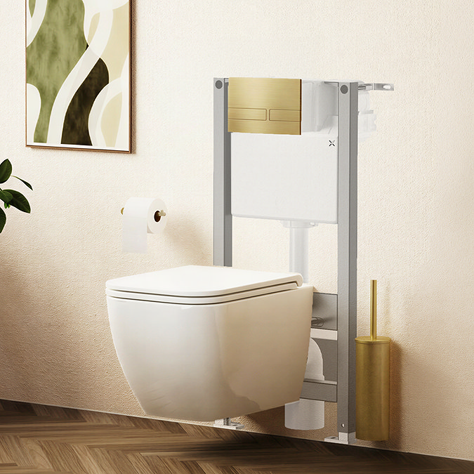 Crosswater Malu Square 0.98m Wall Hung Toilet Set - Brushed Brass Flush Plate