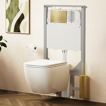 Crosswater Malu Square 1.12m Wall Hung Toilet Set - Brushed Brass Flush Plate