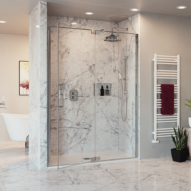 Crosswater Optix 10 Polished Stainless Steel Pivot Shower Door with Inline Panel Large Image