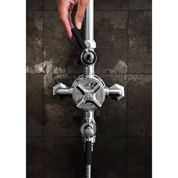 Crosswater - Waldorf Art Deco Black Lever Thermostatic Shower Valve with Fixed Head & Handset Standa