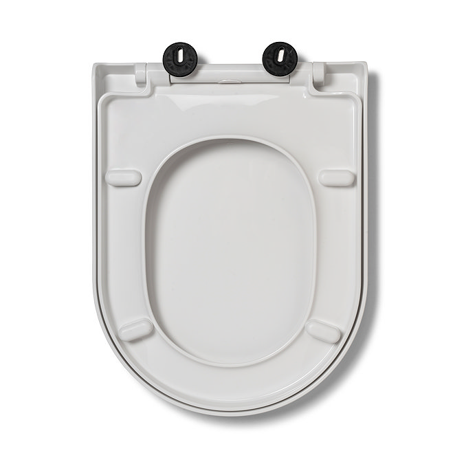 Top down view of the bottom of the Croydex Baveno Recycled D-Shaped Toilet Seat showing the underside of the seat itself and the hinges, pictured on a white background.