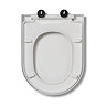 Top down view of the bottom of the Croydex Baveno Recycled D-Shaped Toilet Seat showing the underside of the seat itself and the hinges, pictured on a white background.