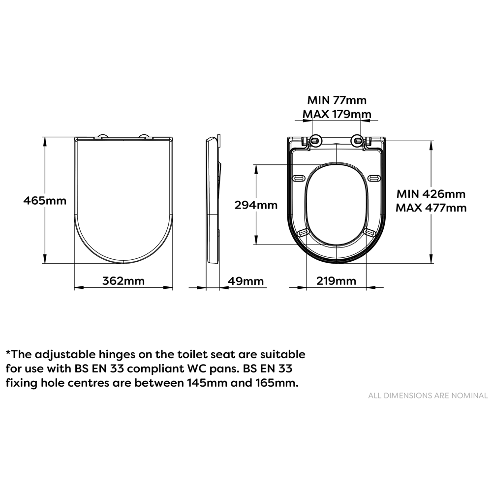 Dimensions image for the Croydex Baveno Recycled D-Shaped Toilet Seat, showing the specific measurements for each part.