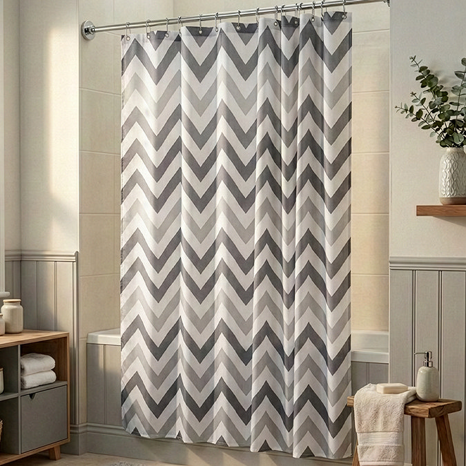 Croydex Grey Chevron Textile Shower Curtain W1800 x H1800mm