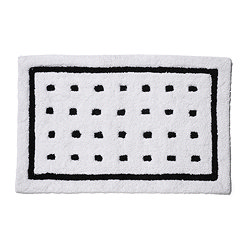 Top-down view of the Croydex White and Black Squares Bath Mat showing the white mat with black box around the perimeter and 28 squares spaced out in lines within the black box, pictured on a white background.