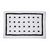 Top-down view of the Croydex White and Black Squares Bath Mat showing the white mat with black box around the perimeter and 28 squares spaced out in lines within the black box, pictured on a white background.