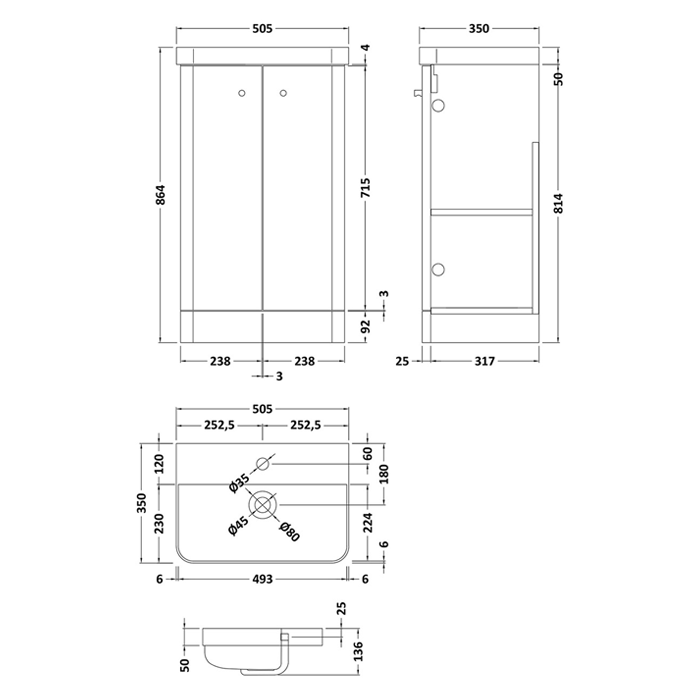 Cruze 500mm Curved Gloss Grey Vanity Unit with Matt Black Handles