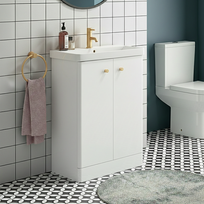 Cruze 500mm Curved Gloss White Vanity Unit with Brushed Brass Handles