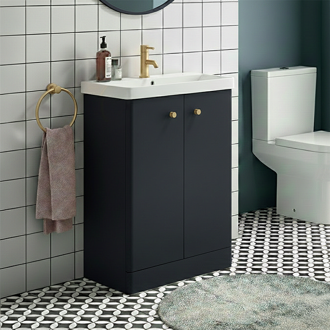 Cruze 500mm Curved Soft Black Vanity Unit with Brushed Brass Handles