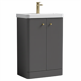 Cruze 600mm Curved Gloss Grey Vanity Unit with Brushed Brass Handles