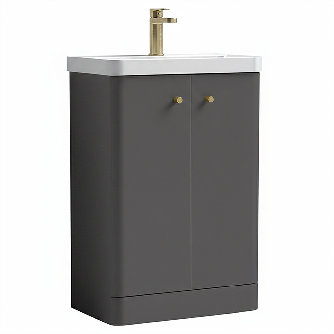 Cruze 600mm Curved Gloss Grey Vanity Unit with Brushed Brass Handles
