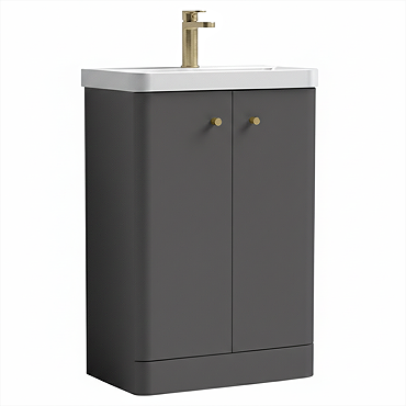 Cruze 600mm Curved Gloss Grey Vanity Unit with Brushed Brass Handles