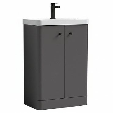 Cruze 600mm Curved Gloss Grey Vanity Unit with Matt Black Handles