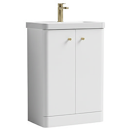 Cruze 600mm Curved Gloss White Vanity Unit with Brushed Brass Handles