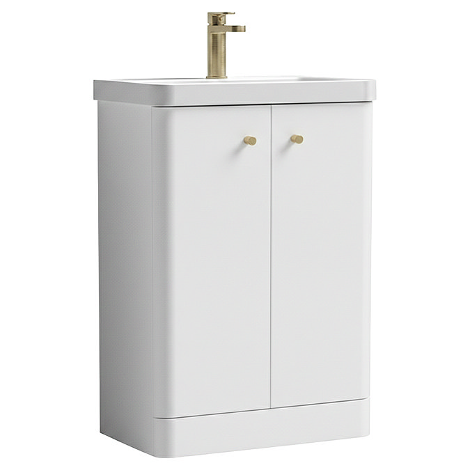 Cruze 600mm Curved Gloss White Vanity Unit with Brushed Brass Handles