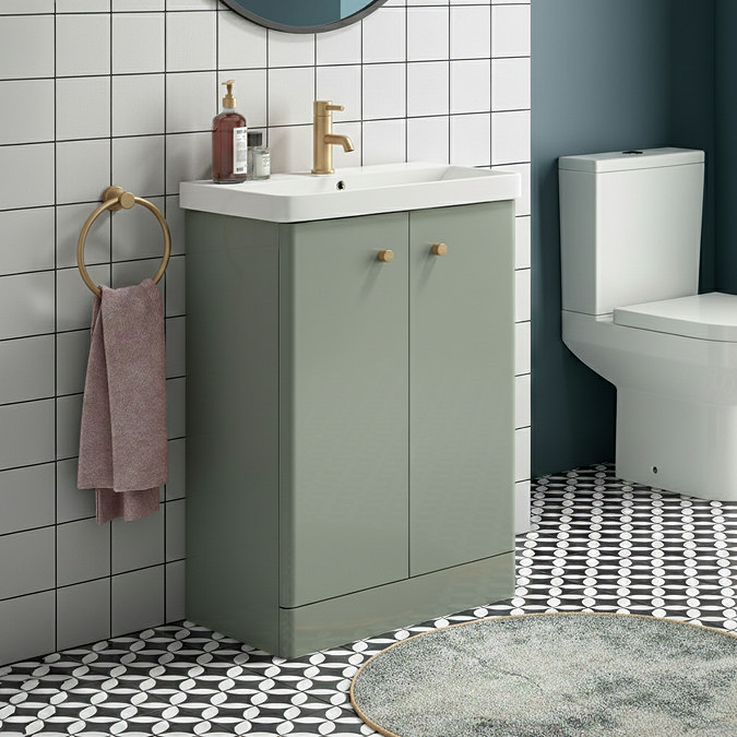 Cruze 600mm Curved Satin Green Vanity Unit with Brushed Brass Handles