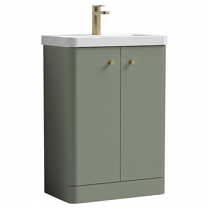 Cruze 600mm Curved Satin Green Vanity Unit with Brushed Brass Handles