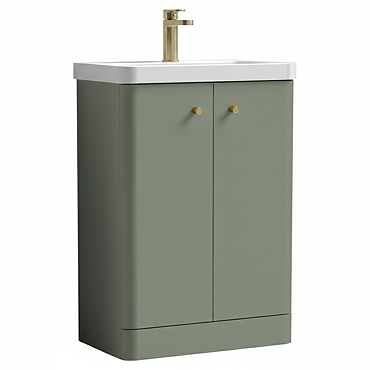 Cruze 600mm Curved Satin Green Vanity Unit with Brushed Brass Handles